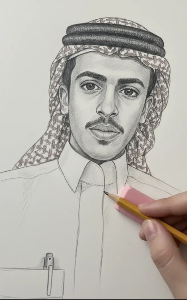 بورتريه مرسوم بالرصاص يظهر مراحل بناء الخط والظل.