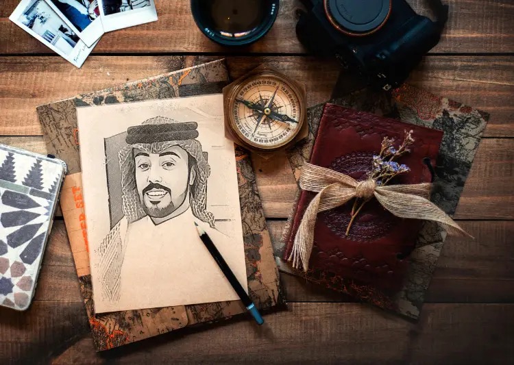 رسم شخصي في تكوين دافئ مع القلم وتفاصيل المكتب.
